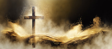 The faith cross and splashing sand with AI generated.の素材