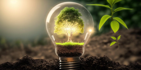 Ecology concept with tree growing inside light bulb with AI generated.の素材