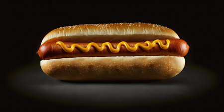 The delicious hotdog in the black background with AI generated.の素材