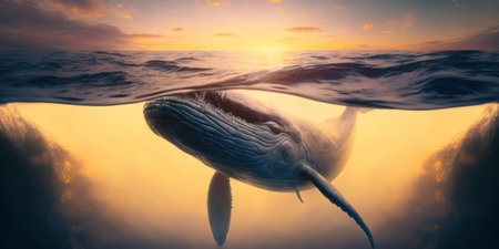 The whale is swimming in the underwater sea with AI generated.の素材