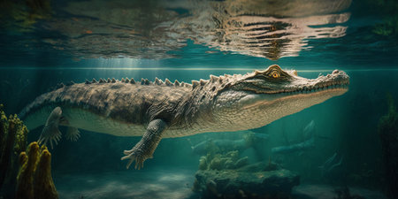 The crocodile is swimming in swamp with AI generated.の素材