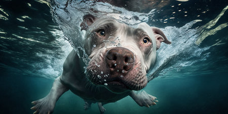 The dog is swimming in underwater with AI generated.の素材