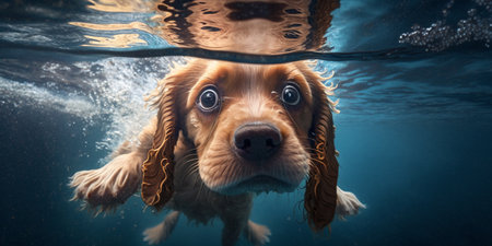 The dog is swimming in underwater with AI generated.の素材