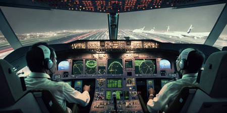 The pilots are in the airplane cockpit with AI generated.の素材