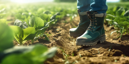 The closeup view of a farmer with rubber boots in the garden with AI generated.の素材