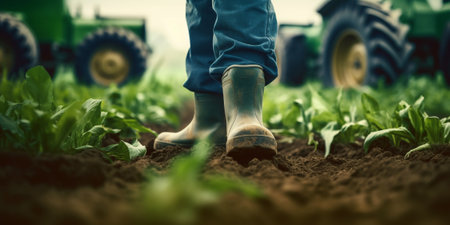 The closeup view of a farmer with rubber boots in the garden with AI generated.の素材