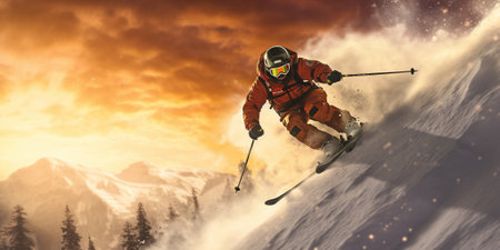 The skier is jumping from the snow with AI generated.の素材