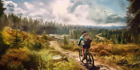 Rear view of a young woman riding a mountain bike with AI generated.の素材