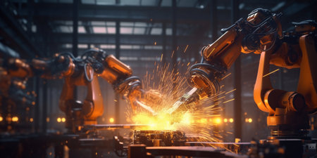 Industrial robot arm working on assembly line in factory with AI generated.の素材