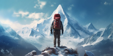 The closeup view of a man with backpack who stand in front of high mountain
with AI generated.の素材