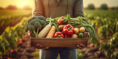 The farmer is holding the wooden box with AI generated.の素材