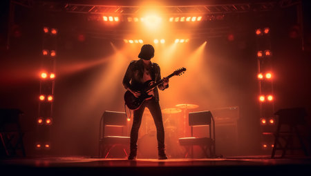 Silhouette of a rock musician playing the electric guitar on stage with AI generated.の素材