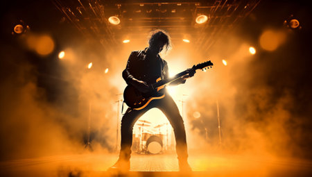 Silhouette of a rock musician playing the electric guitar on stage with AI generated.の素材
