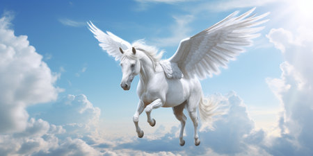 White horse with wings flying in the blue sky with AI generated.の素材