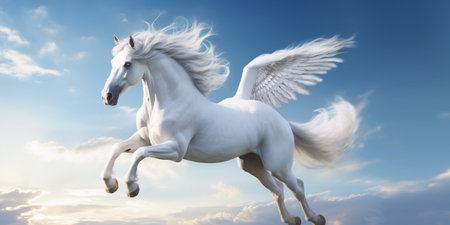 White horse with wings flying in the blue sky with AI generated.の素材