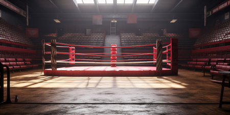 Red boxing ring in an empty arena with AI generated.の素材