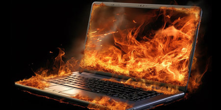 Laptop burning in flames on a dark background with AI generated.の素材