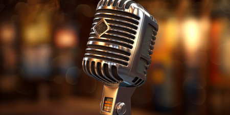 Retro microphone on the background of the bar with AI generated.の素材