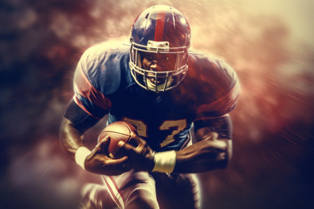American football player in action on a dark smoky background with AI generated.の素材