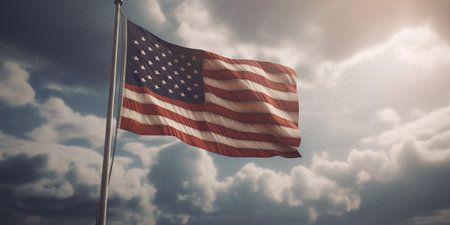 American flag waving in the wind against a stormy sky with AI generated.の素材
