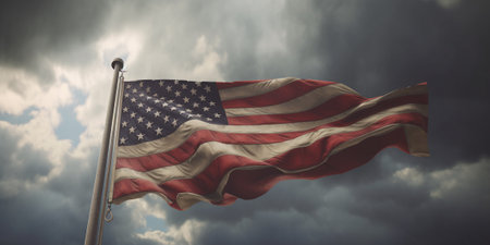 American flag waving in the wind against a stormy sky with AI generated.の素材