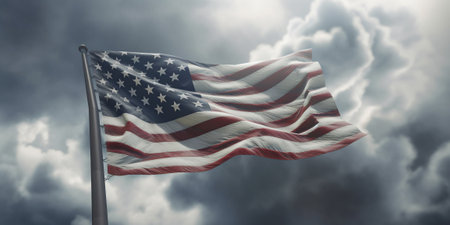 American flag waving in the wind against a stormy sky with AI generated.の素材