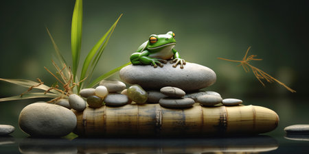 Green frog sitting on a stone on a green background with AI generated.の素材
