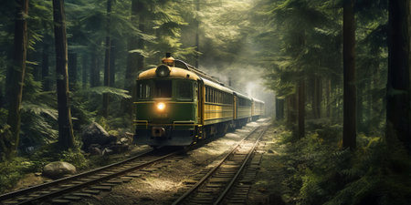 Vintage steam train in a foggy forest with AI generated.の素材
