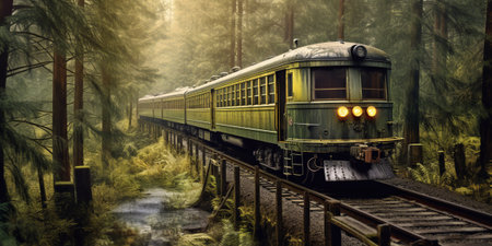 Vintage steam train in a foggy forest with AI generated.の素材