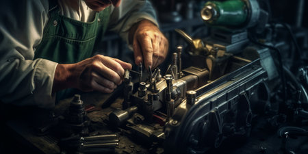 Auto mechanic working in auto repair service. Mechanic repairing car engine with AI generated.の素材