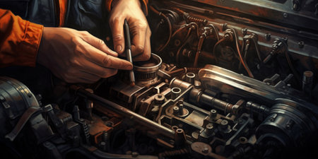 Auto mechanic working in auto repair service. Mechanic repairing car engine with AI generated.の素材