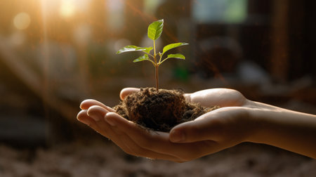 Human hands holding a small green sprout with soil on blurred background with AI generated.の素材