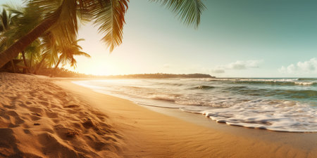 Beautiful tropical beach with coconut palm tree and sand on blue sky background with AI generated.の素材