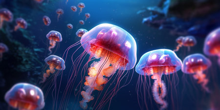 Jellyfish swimming in the ocean with AI generated.の素材