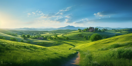 Beautiful summer landscape with green meadow and blue sky with AI generated.の素材
