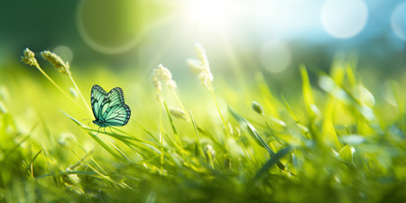 Butterfly on green grass with sun light and bokeh with AI generated.の素材