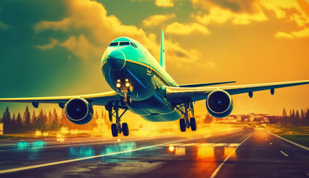 Airplane on the runway with AI generated.の素材