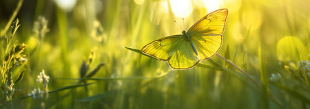 Butterfly on green grass with sun light and bokeh with AI generated.の素材