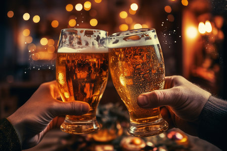 Group of friends clinking glasses of beer at party with AI generated.の素材