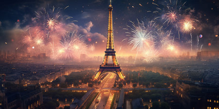 Eiffel tower and fireworks in Paris with AI generated.の素材