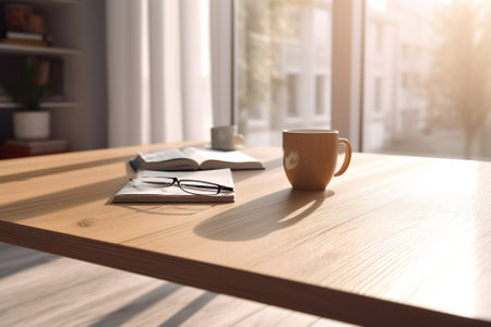 Cup of coffee on a wooden table in the living room with AI generated.の素材