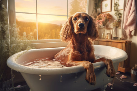 Cute dog taking a bath in a bathtub at home with AI generated.の素材