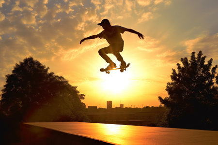 Silhouette of a skateboarder jumping on a ramp at sunset with AI generated.の素材