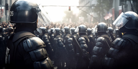 Police block the crowd during a protest against the government with AI generated.の素材