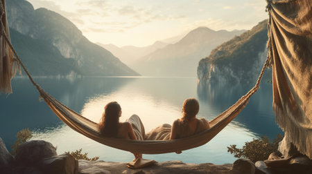 Young woman relaxing in hammock on the lake at sunrise with AI generated.の素材