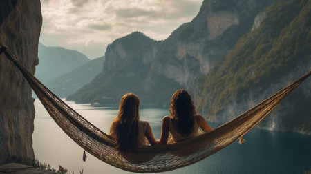 Young woman relaxing in hammock on the lake at sunrise with AI generated.の素材