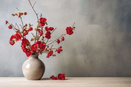 Vase with white flowers and books on wooden table against gray wall with AI generated.の素材