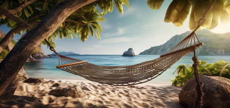 Hammock on tropical beach with palm trees with AI generated.の素材