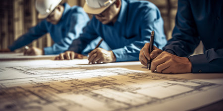 Architect or engineer working on blueprint at office with AI generated.の素材