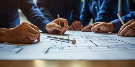 Architect or engineer working on blueprint at office with AI generated.の素材